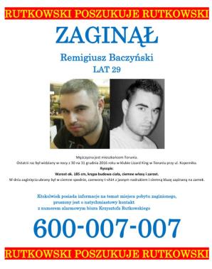 Rutkowski: Ślady krwi przy ul. Popiełuszki i nowe tropy w sprawie zaginionego w Toruniu Remigiusza Baczyńskiego